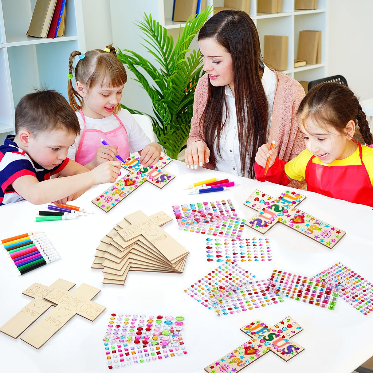 36 Pieces Wood Cross Crafts for Kids DIY Wooden Cross for Christian Jesus Sunday School Vacation Bible School Crafts Supplies with 14 Pieces Stickers and 24 Pieces Watercolor Pens (Classic Style)