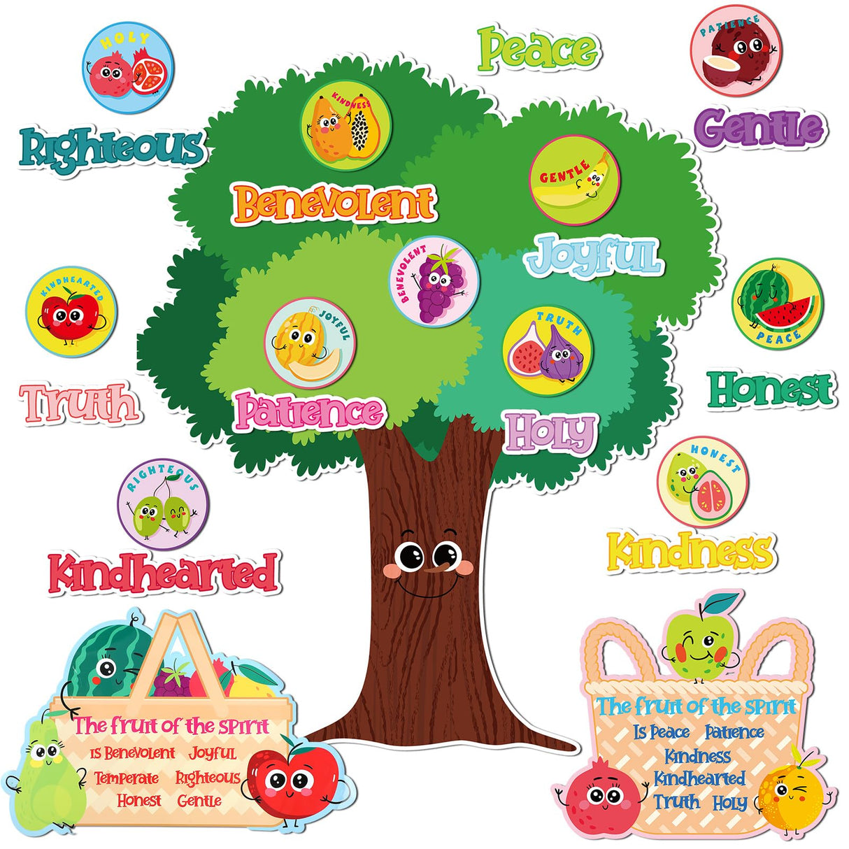 Fulmoon Fruit of The Spirit Bulletin Board Set Bible Religious Cutouts for Kids Sunday School Classroom Tree Wall Decor Educational and Learning Activities for Kids