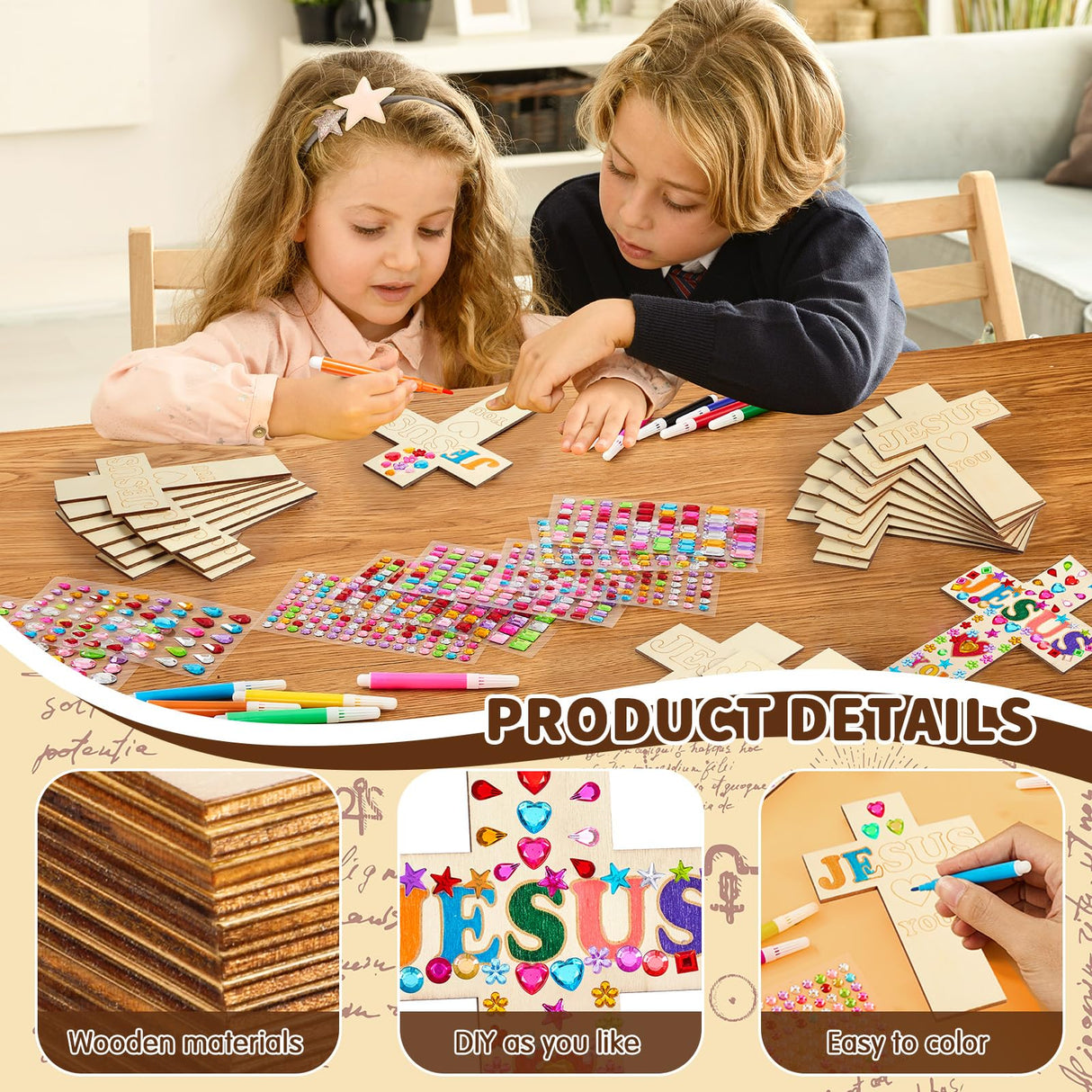36 Pieces Wood Cross Crafts for Kids DIY Wooden Cross for Christian Jesus Sunday School Vacation Bible School Crafts Supplies with 14 Pieces Stickers and 24 Pieces Watercolor Pens (Classic Style)