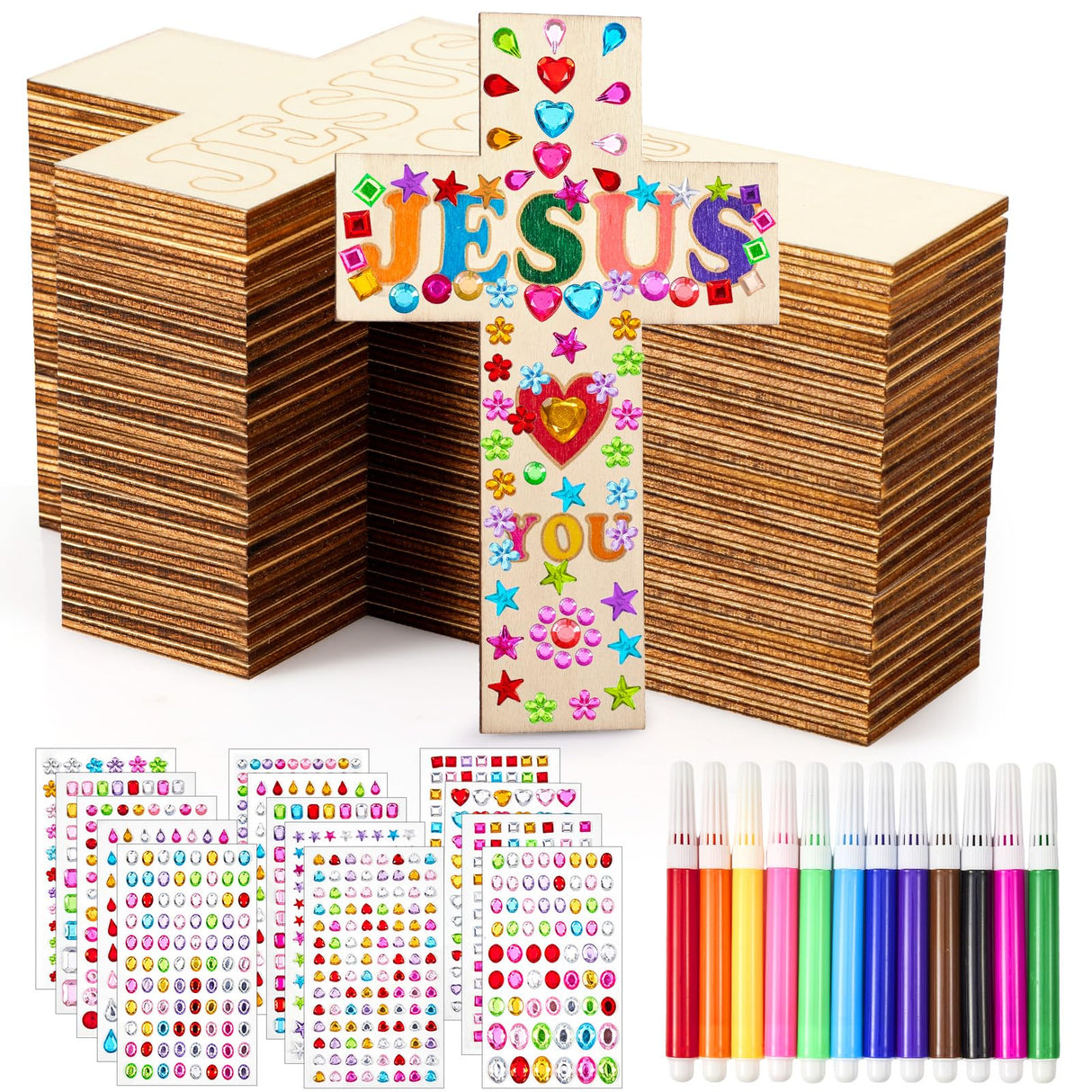 36 Pieces Wood Cross Crafts for Kids DIY Wooden Cross for Christian Jesus Sunday School Vacation Bible School Crafts Supplies with 14 Pieces Stickers and 24 Pieces Watercolor Pens (Classic Style)