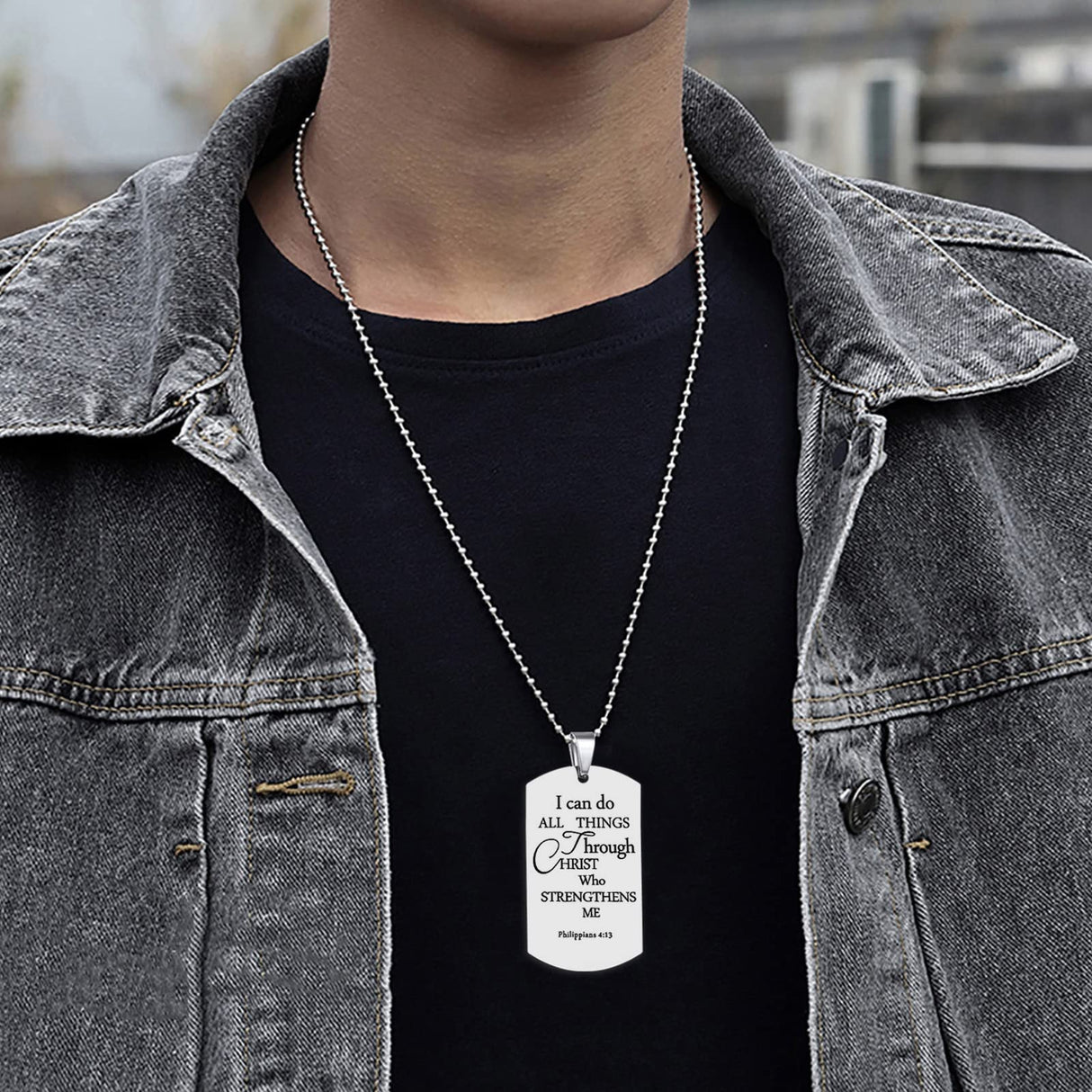 ST-Power Baptism Gift Stainless Steel Dog Tag Bible Verse Pendant Necklace Christian Religious Jewelry Gift,24" Chains.