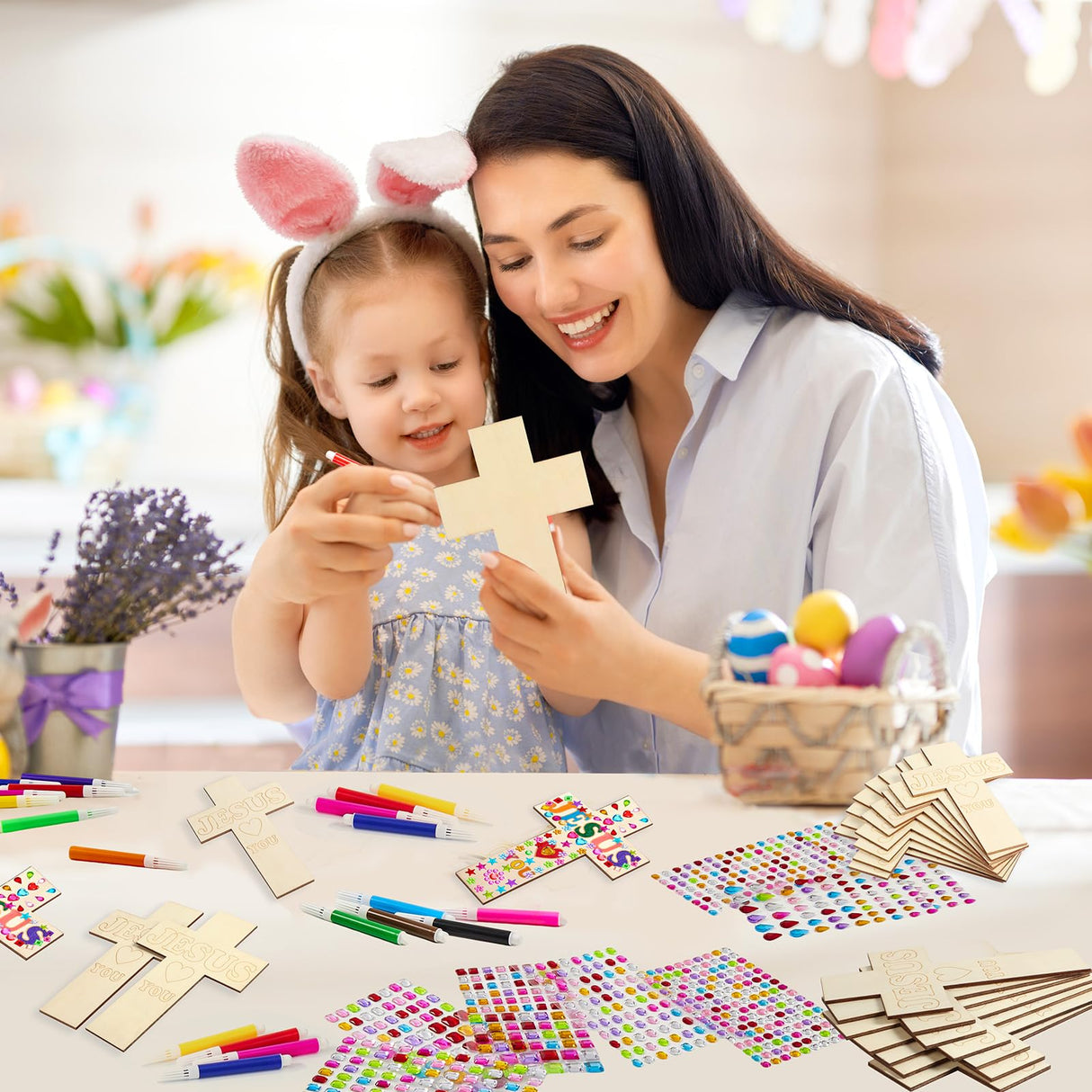 36 Pieces Wood Cross Crafts for Kids DIY Wooden Cross for Christian Jesus Sunday School Vacation Bible School Crafts Supplies with 14 Pieces Stickers and 24 Pieces Watercolor Pens (Classic Style)