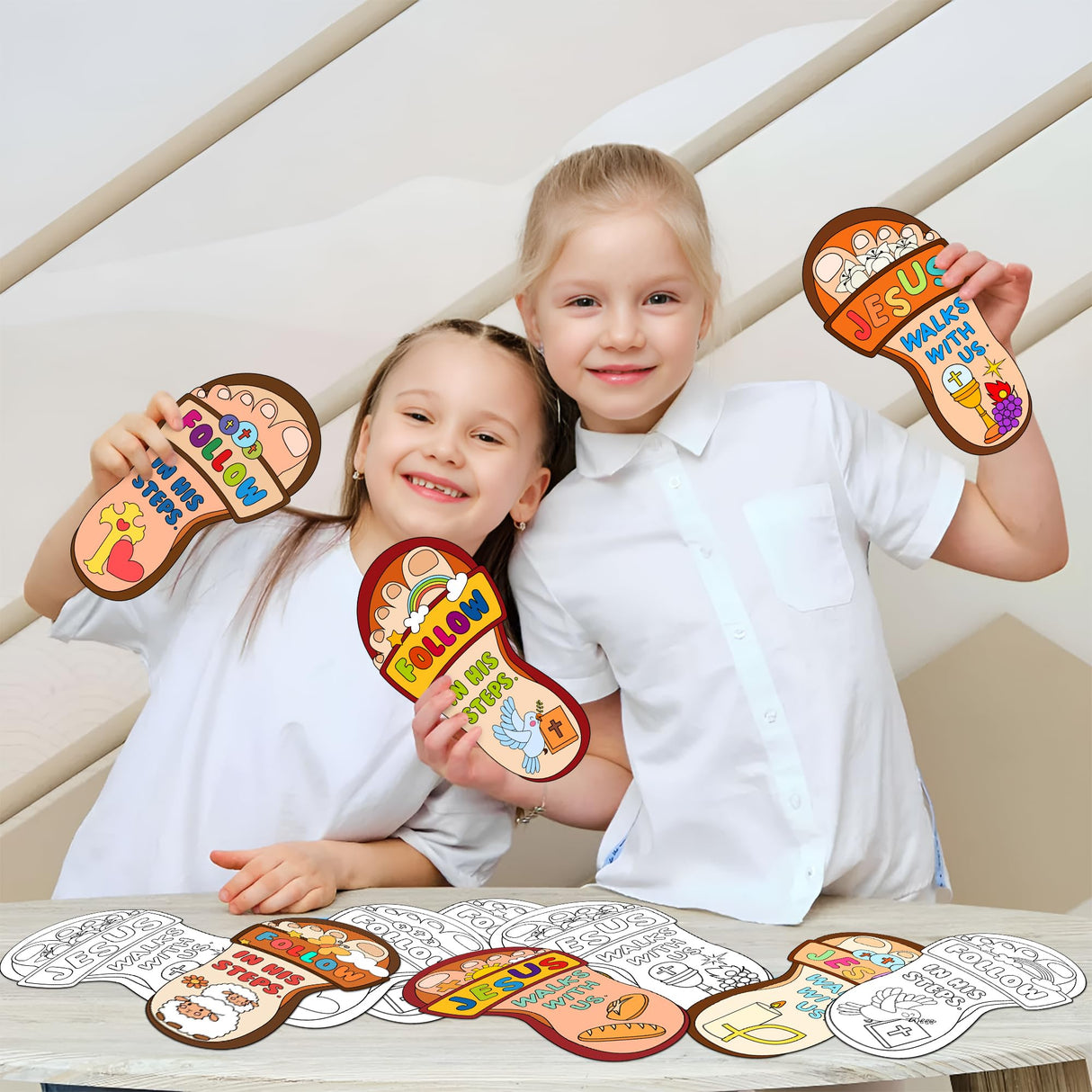 Dvbonike 24Pcs Sunday School Crafts for Kids Color Your Own Jesus Walks with Us Craft Kit Christian Religious Footprint Coloring Card DIY Drawing Party Gifts VBS Home Classroom Art Activity Supplies