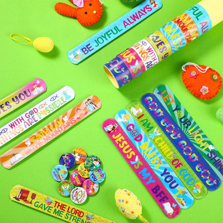 Frienda 60 Pcs Religious Gifts Christian Slap Bracelets with Badges Christian Gifts for Kids Jesus Love You Wristbands Bracelets for Vbs Sunday School Supplies Birthday Party Favors(God)