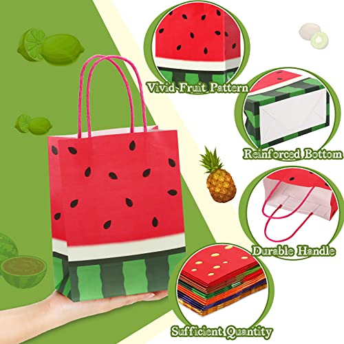 24 Pieces Summer Fruit Party Favor Bags, Paper Tutti Frutti Gift Treat Bag with Colorful Handle Watermelon Strawberry Pineapple Orange Candy Goodie Bag for Themed Birthday Baby Shower Party Supplies