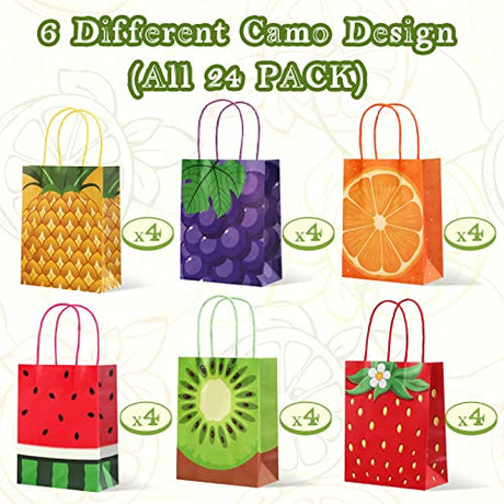 24 Pieces Summer Fruit Party Favor Bags, Paper Tutti Frutti Gift Treat Bag with Colorful Handle Watermelon Strawberry Pineapple Orange Candy Goodie Bag for Themed Birthday Baby Shower Party Supplies